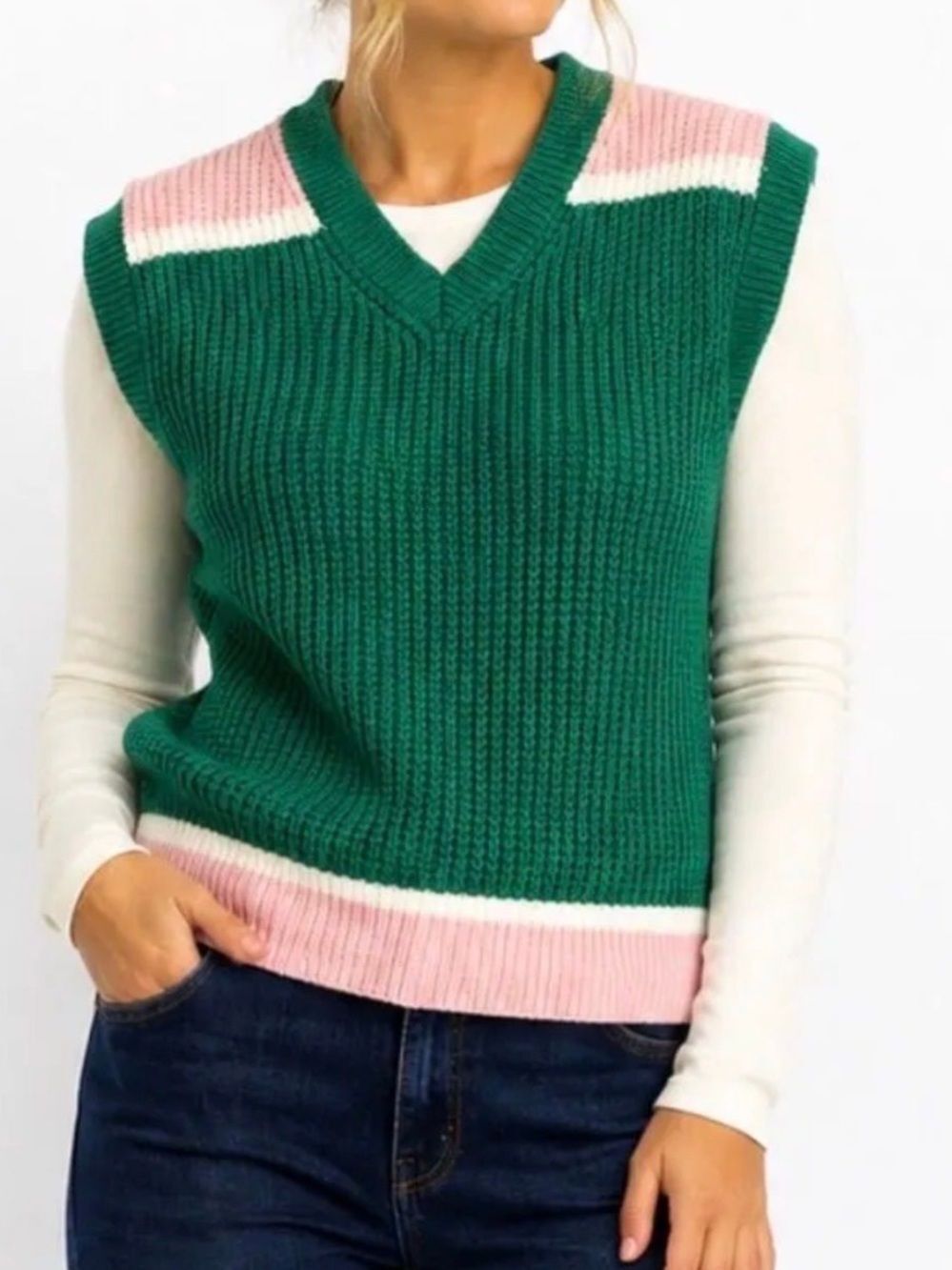 Marni x Uniqlo Green Pink Colorblock Knit V Neck Sweater Vest Womens XL Collab